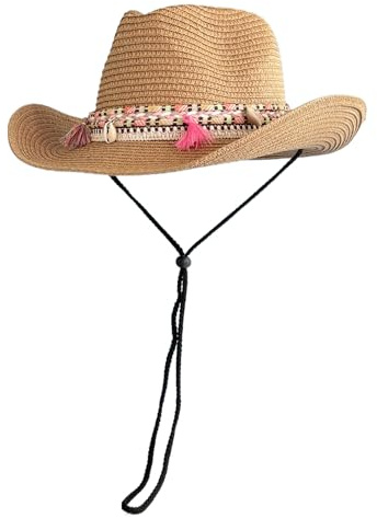 FakeFace Straw Cowboy Cowgirl Hat for Men Women Wide Brim Summer Roll Brim Beach Sun Hat Lightweight Breathable Western Straw Cap