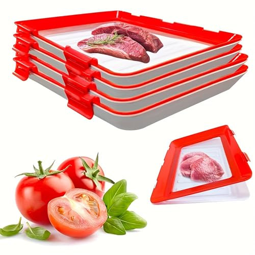 4 Pcs Stretch Fresh Storage Trays, Stackable Cold Meat Containers with Elastic Lid, Vacuum Reusable Freezer Storage Boxes, Silicone Food Storage Trays BPA Free for Meat Vegetable Fruit