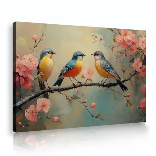 YUNART Primavera Pájaros Y Cerezo Flor Lienzo Arte De Pared Vintage Galería Envuelto Giclee Lienzo Impresiones Obras De Arte Decoración De La Sala De Estar 60x90cm Marco Interior