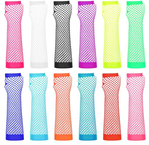 Yuomeaz 12 Pairs Long Fishnet Gloves, Neon Mesh Gloves for Halloween, Fingerless Fishnet Arm Sleeves for Women Men Party 80s Costume Accessories Supplies