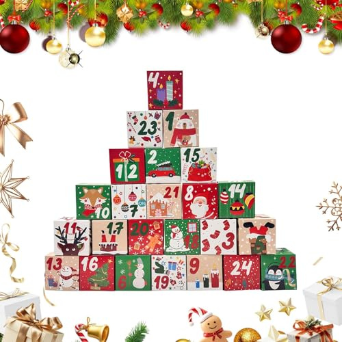 Calendrier de l'Avent rempli, boîte calendrier de l'Avent 24 jours en carton, organisateur vide conteneur festif pour les fêtes garçons filles enfants