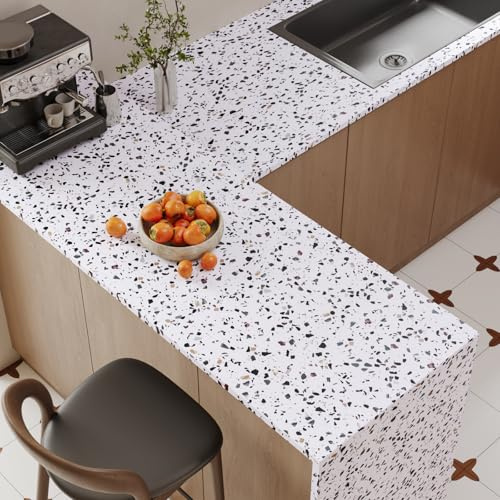 VaryPaper Papel tapiz autoadhesivo de granito blanco mate azul de 40 x 200 cm, papel de contacto extraíble de terrazo para encimera de cocina, parte trasera adhesiva, papel tapiz de plástico