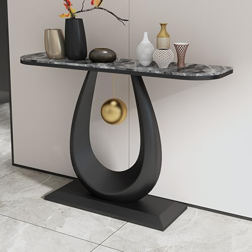 YITAYMLI Consolle a Mezzaluna con Piano in Lastra di Pietra,Tavolo Stretto da Posizionare Dietro il Divano con Base in Metallo Rinforzata,Bordi Arrotondati,Mobile da Ingresso(BlackC,80CM/31.5IN)