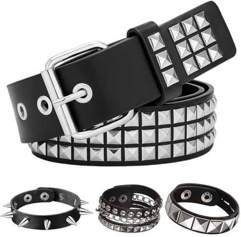 DvBCNMe Nietengürtel Set, 1 Studded Belt und 3 Spike Bracelets, Punkrock Accessoires für Damen und Herren, Gothic Mode Schmuck Accessoires, Verstellbar für Konzerte und Partys
