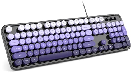 MOWUX Computer Keyboard Wired, Plug and Play USB Retro Round Typewriter Keyboard, Full Size Wired Keyboard with Foldable Stands for Laptop and Office PC