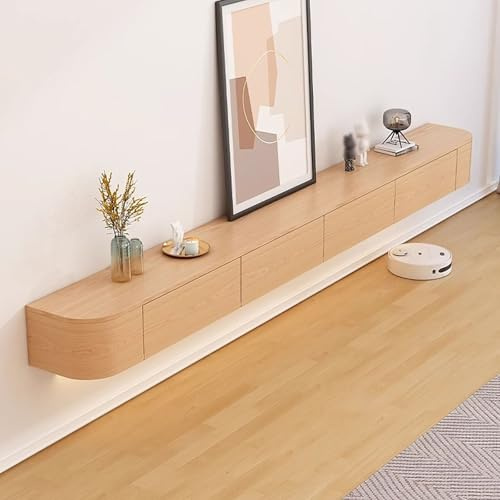 Meuble TV mural moderne, 300 cm, meuble TV flottant avec portes et tiroirs, grand espace de rangement pour salon et chambre à coucher, finition noyer élégante