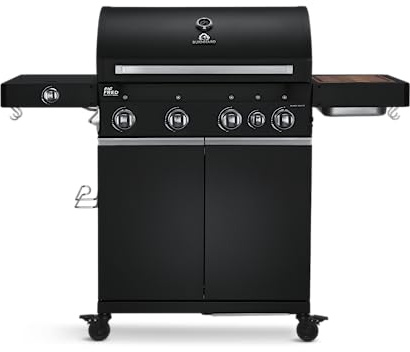 BURNHARD® Gasgrill Big FRED Deluxe 4-Brenner Grill mit Infrarot-Keramikbrenner 900°C, Backburner, Seitenkochfeld, Gusseisenrost & Abdeckhaube - Schwarz