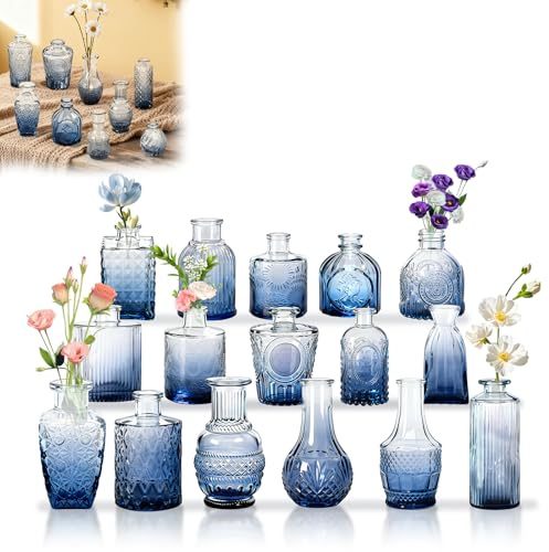 LZQ Mini glasvaser set 16 stycken blå, små blomvaser glas budvaser vintage dekoration, glasflaskor vaser för blomsterarrangemang, bordsdekoration, bröllop, blomflaska dekoration glas budenvaser
