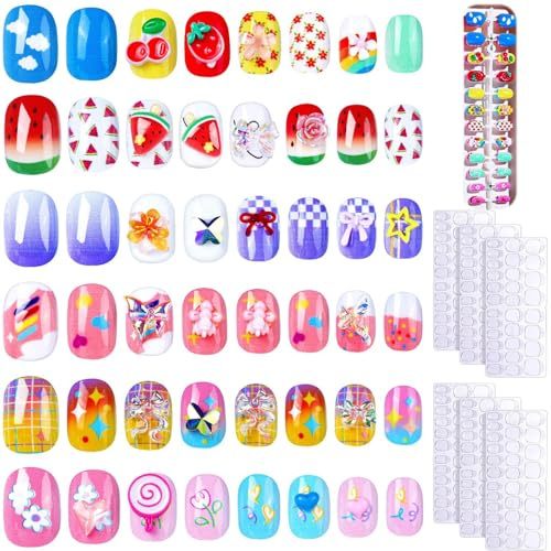 BelleFlair 144 Pezzi Unghie Adesive Bambini, 6 Stili Unghie con Charms 3D Fiocco Ciliegia Anguria, Unghie Finte Corte e Tonde per Ragazze, Set Unghie Adesive Colorate Bambini
