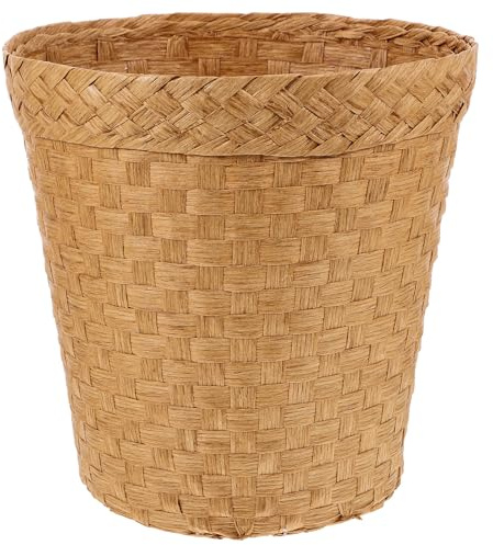 FONDOTIN Cubo de Basura Tejido a Mano de Paja Natural Papelera Multifuncional Alta y Estrecha para Baño y Oficina Cesta Decorativa Ligera y Compacta en Color Original Madera