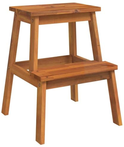 HNSMFPRE Sgabello a scaletta 2 gradini in legno di acacia massello, sgabello da cucina rustico, 40 x 38 x 50 cm, scala solida per adulti e bambini, bordi curvi sicuri, carico massimo 110 kg