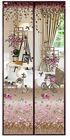 Floral Magnetic Insect Door Screen High Density Fly Bug Mosquito Mesh Curtain Top-to-Bottom Let Fresh Air in Automatically Shut Door Curtain, 90x210 cm/100x210 cm (Coffee, 90x210 cm)