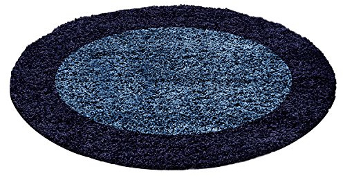 Carpettex Hochflor Teppich Wohnzimmer Shaggy Flokati Teppich Modern Bordüre Design 200 cm Rund Marineblau - Teppich Schlafzimmer Weich Flauschig Waschbar Teppich Küche Esszimmer - Langflor Teppiche
