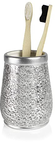 Deblanch | Vaso Cepillo Dientes baño | Serie Trencadis Plata | Resina y Cristal | Color Plata | para baño o Cocina | 8 cm ∅ x 12 cm Alto