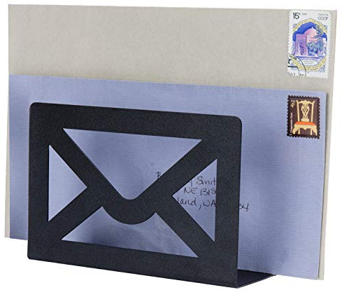 MyGift Black Metal Desktop Mail Holder with Cutout Envelope Design Home and Office Desk Letter Organizer