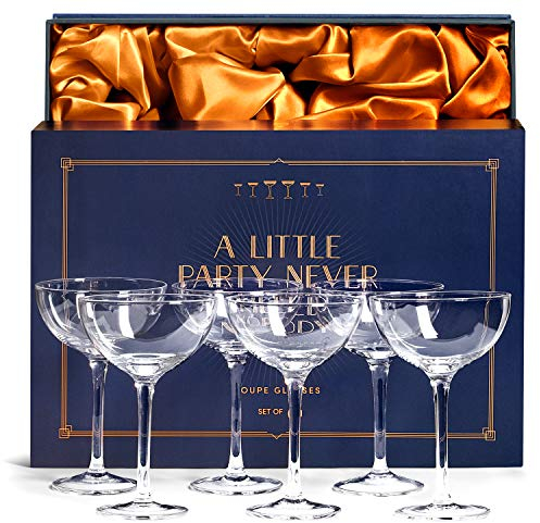 SAY HO UM Vintage Crystal Champagne Coupe Glasses | Set of 6 | 180 ml Classic Cocktail Glassware for Martini, Manhattan, Cosmopolitan, Sidecar, Daiquiri | 1920s Speakeasy Retro Style Saucers