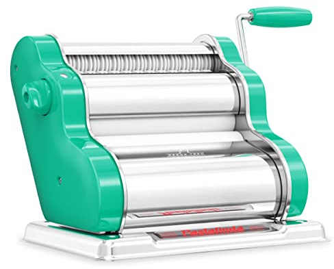 PASTALINDA Máquina clásica para hacer pasta de 200 unidades, rodillos anchos, 9 posiciones de grosor, 2 posiciones de corte, cuerpo de acero inoxidable, engranajes de metal con manivela y dos