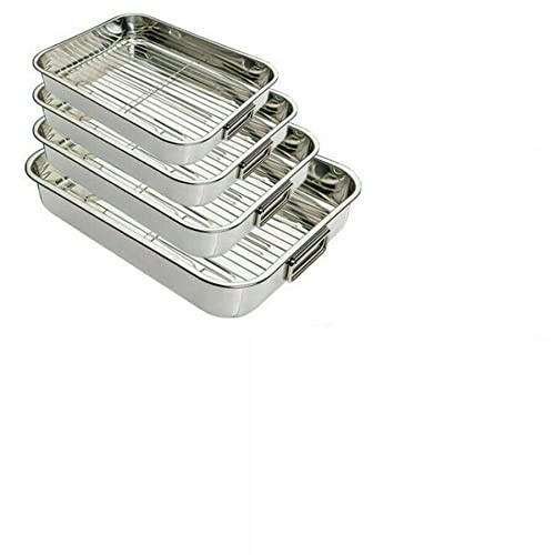Vision4ever Many Types of Sizes Silver Color Stainless Steel Roasting Oven Pan Dish Meat Baking Roaster Tin Grill Rack Tray Easy to Use