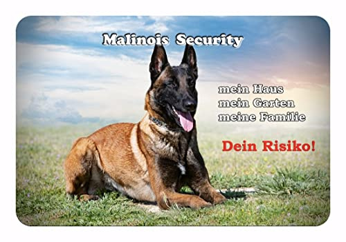 Merchandise for Fans Warnschild - Schild aus Aluminium - Motiv: Malinois/Belgischer Schäferhund Security (02) - Größe: 30x20cm