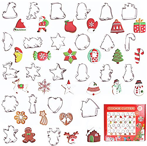 RUIYWEN Juego de 24 Cortadores de Galletas de Navidad en Forma de Santa Claus Copo de Nieve Árbol de Navidad Muletas Alce, Moldes de Acero Inoxidable para Galletas Fondant Chocolate