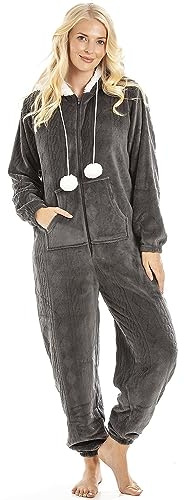 Camille Super Soft Zip-Up Hooded Women's Onesie | Thick Fleece Full-Length Women's All in One Lounge Suit | Long Sleeves, Cosy Hood, Pockets | Warm Material | Charcoal 14-16