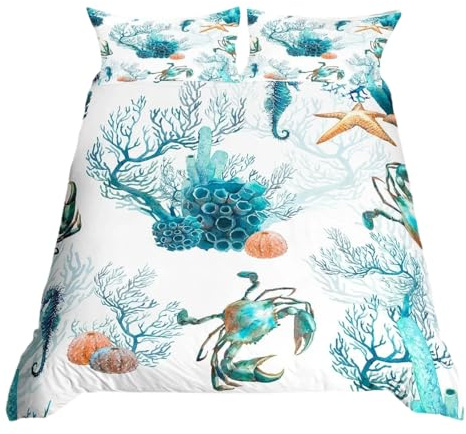 Set di biancheria da letto matrimoniale con motivo marino，con animali ad acquerello，set di biancheria da letto matrimoniale con cavallo marino，decorazione per camera da letto per bambini a subacqueo