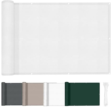 HENG FENG Pantalla de Privacidad para Balcón 0.9x5m, Protección UV, Impermeable PES, Resistente al Viento y la Lluvia, con Ataduras de Cables, Blanco