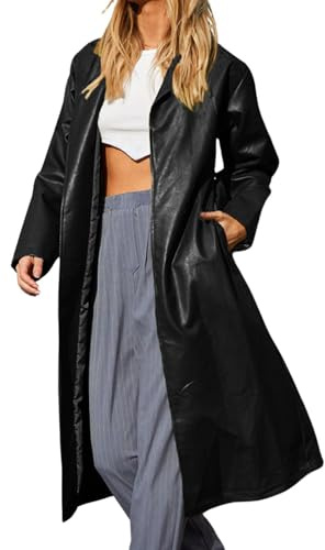 loveimgs Women's Button Down Lapel PU Leather Trench Coat Trendy Full Length Long Sleeve Faux Leather Jacket (Medium, Black)