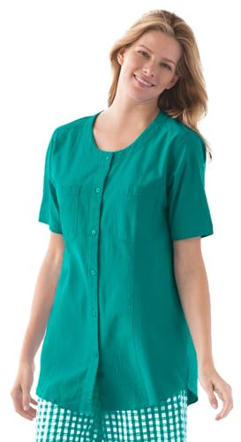 Woman Within Plus Size Short-Sleeve Crinkle Shirt - 14/16, Waterfall