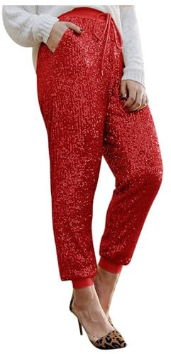 Longra Damen Pailletten Weitbeinhosen Glänzende High Waist Hose Glitzerhosen Freizeithose Abendhose Cocktail Hose Glitzer Party Club Karneval Kostüm Paillettenhose Glitzer Leggings Clubwear (Red, L)