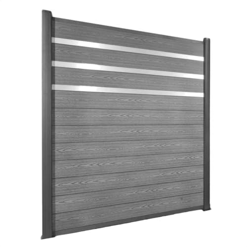 WPC sichtschutzzaun Steingrau mit Zierleisten aus Aluminium (Pfostenlänge 240(zum Einbetonieren), 5x Zaunelement & 6x Pfosten)
