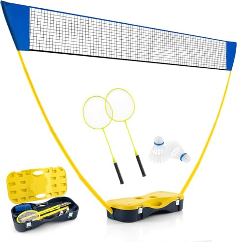 COSTWAY Badminton Set Complet Portable 270 x 160 cm, Ensemble de Filet de Badminton en PE 2 Raquettes et 2 Volants Boîte de Rangement, Jeu d'Extérieur pour Plage Jardin Cour (Jaune)