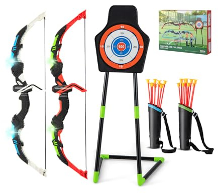 GOPLUS Arcs et Flèches Enfants, Ensemble Tir à l'arc à LED avec 20 Flèches à Ventouse, 2 Carquois, Cible détachable, Jeu de Tir Intérieur Extérieur pour Garçons et Filles 3 à 12 Ans