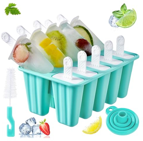 Silicone Ice Lolly Mould, 10 Pieces Popsicles Mold, Reusable Ice Pop Mold, Easy Release Ice Pop Maker, BPA Free Ice Cream Mould, Homemade Popsicle Mould with Silicone Funnel and Cleaning Brush, Green