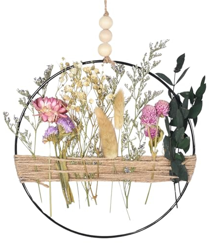 Trockenblumen Kranz 20cm Blumenkranz Deko,Hängende Boho Türkranz Blumenkranz Metallring mit Trockenblumen,DIY Natur Trockenblumenkranz Ring für Wohnzimmer Wand Tür Dekoration