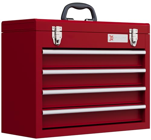 DURHAND cassetta degli attrezzi vuota, 51 x 22 x 39,5 cm Cassetta degli attrezzi con 4 cassetti, vano portaoggetti superiore, maniglia, cassetta degli attrezzi con 2 serrature, in acciaio, rossa