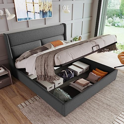 Ymkua Polsterbett Doppelbett 180x200 cm, Bett mit Stauraum, Stauraumbett mit Lattenrost, Jugendbett Bettgestell mit Bettkasten und Kopfstützen, Rückenlehne Kopfteil, Leinen, Grau ohne Matratze