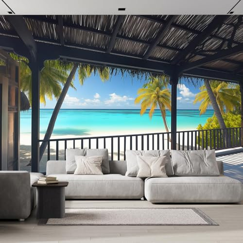 Fotomural Playa Fotomurales Pared, 250×175 cm Papel Pintado 3D, Corredor Naturaleza De Maldivas Moderna Decoración De Pared Sala Cuarto Oficina Salón