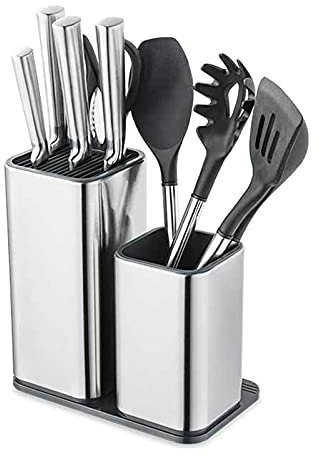 Bloc à couteaux 2 en 1 sans couteaux, avec 2 compartiments, support amovible en acier inoxydable, pour couteaux de cuisine, couverts, ustensiles de cuisine, argenté