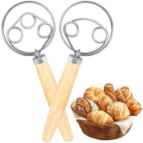 JSMTKJ Frusta danese per Impasto Pizza e Dolci - 2 Pezzi in Acciaio Inossidabile con Manico in Legno Lungo | Per Pane, Dessert, Salse e Preparazioni Senza Ruggine