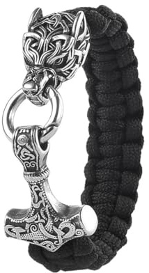 Viking Mjolnir Paracord Armband För Män - Norse Wolf Head Thor's Hammer Pendant Braided Rope Armband - Handgjorda Rostfritt Stål Odin Wolf Celtic Pagan Jewelry(Silver_23CM)