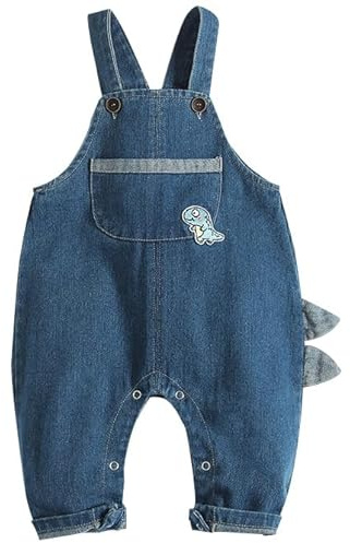 AOOPOO Salopette di Jeans Bambino Loose Tuta Lavorata a Maglia Morbida in Cotone, Casual Motivi di Dinosauri Denim Salopette in Jeans per Bebè Neonate Bambini 6 Mesi-4 Anni