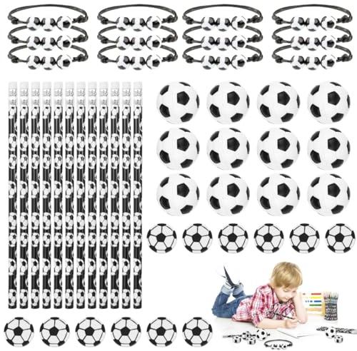 48 Piezas Juego de Regalo de Fútbol para niños con 12 Fútbol Lápices, 12 Gomas de Borrar, 12 Muñequeras y 12 Pelotas Antiestrés de Fútbol, Decoracion Artículos de Fiesta Fútbol Cumpleaños para Niños