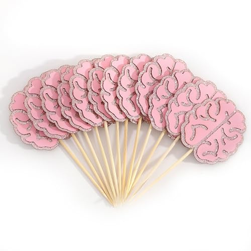 12Pcs Pink Glitter Brain Cupcake Toppers, Medical Theme Birthday Decoration | Pink Beauty Brains Party Photo Props, Cute Smart Brain Cupcake Toppers, Neurologist Graduation Party Decorations