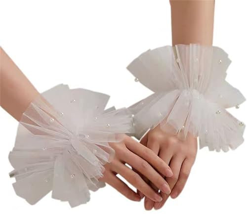 MMSKY 1 Paar elegante weiße fingerlose Overleeves Brauthandschuhe Sonnenschutz Ärmel für Braut und Mädchen mit Perlen Brautärmel