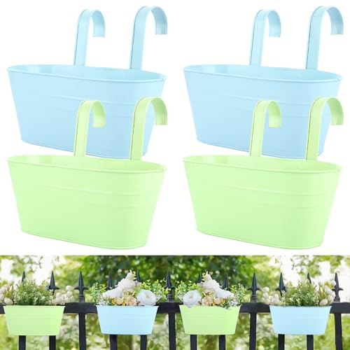APACALI 4 Pack Hanging Plant Pot Outdoor, 27cm Balcony Planters for Railing with Detachable Hooks, Over Fence Planters, Fence Planters, Hanging Flower Pots for Home Decor, Light Blue & Light Green