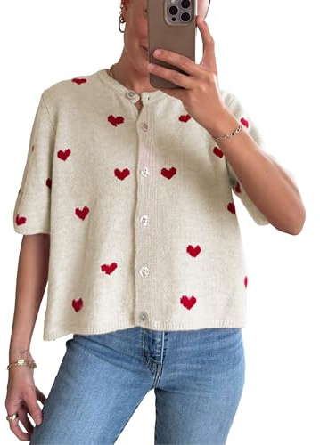 Springrain Womens Lightweight Short Sleeve Cardigan Button down Cropped Cute Heart Sweaters Knitwear(Apricot-L)