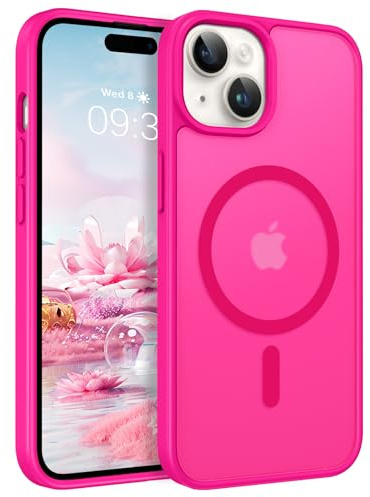 ROUMAYMAY Cover per iPhone 15 Plus, magnetica forte [compatibile con MagSafe] opaca liscia traslucida protezione di qualità sottile Mate Cover per telefono magnetica per iPhone 15 Plus Rosa Fluo