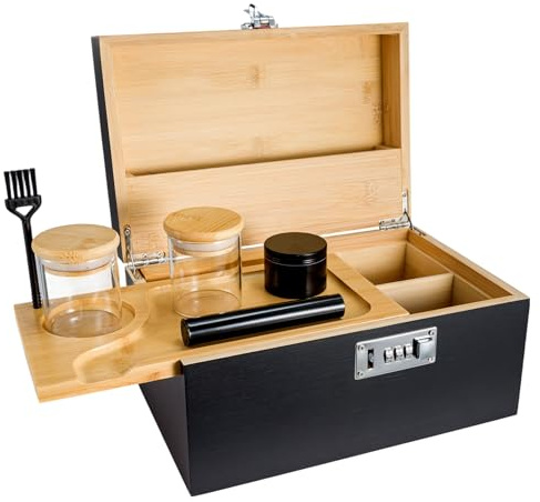 Bamboo Storage Box with Lock Removable Divider Organizer Stash Box Black | Bamboo Organizer Box airtight glass jars compartments stainless mill storage solution for kitchen bathroom valuables