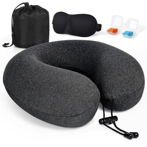 Kulamo Almohada de Viaje para Cuello, Almohada de Viaje Viscoelástica de Espuma, Almohada Cervical para Oficina Avión Tren Coche Viajando, Cojin de Viaje Cuello con Máscara de Ojos, Tapones y Bolsa
